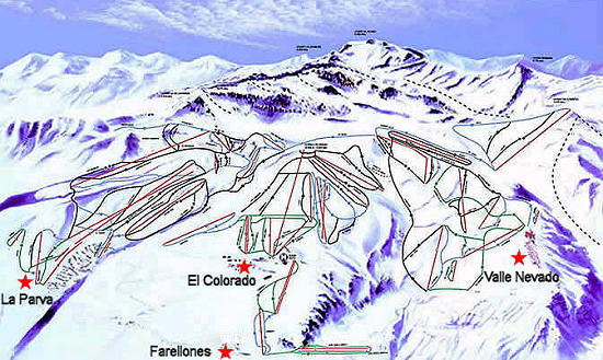 Mapa de pistas de Los Tres Valles: La Parva, El Colorado y Valle Nevado